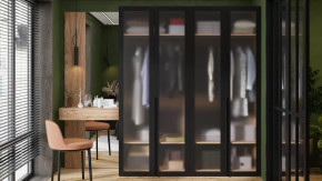 Спальный гарнитур «Порто» №4 Яблоня Беллуно/Графит/Стекло сатин черное в Покачах - pokachi.mebel-tymen.ru | фото